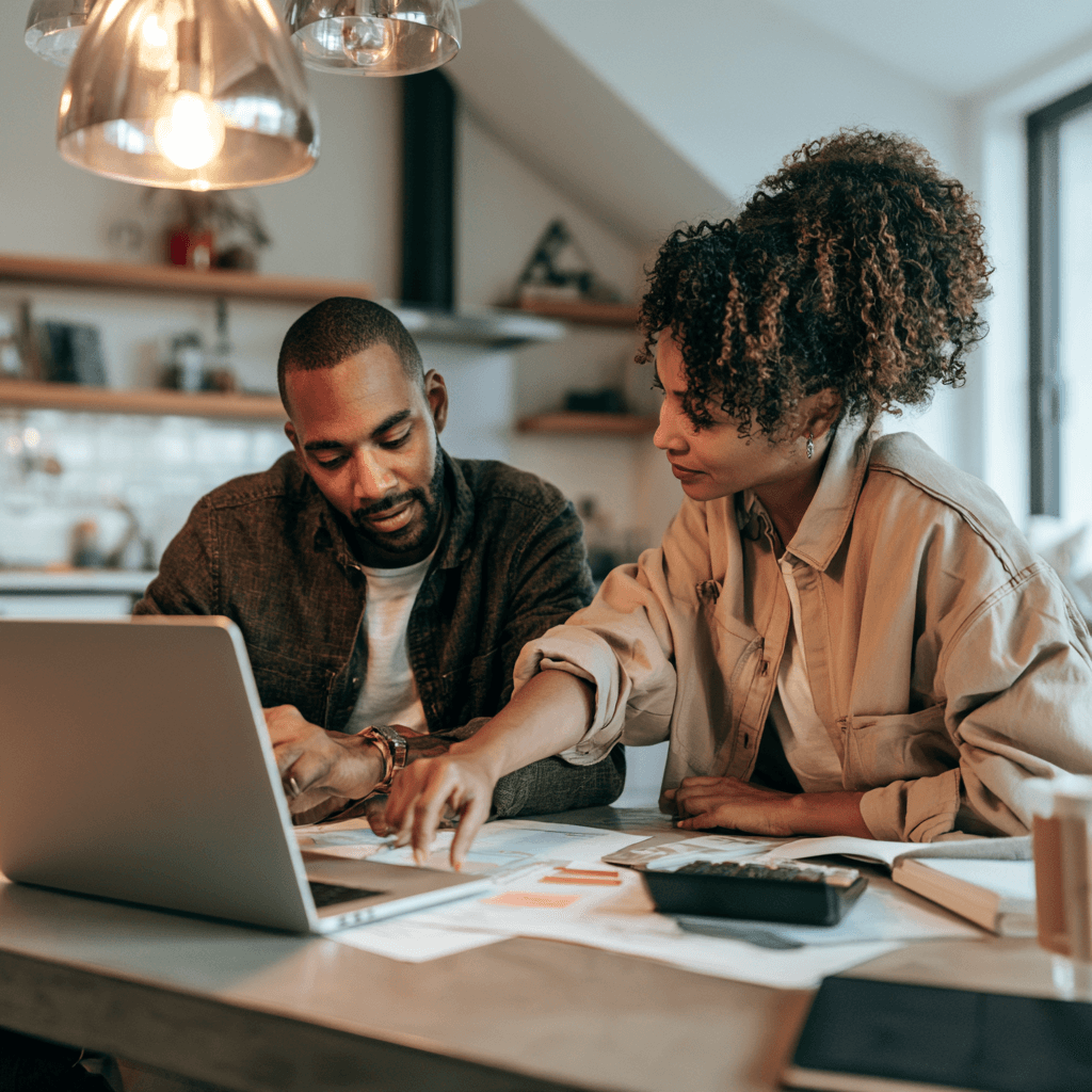 Couple sitting down working on their budget