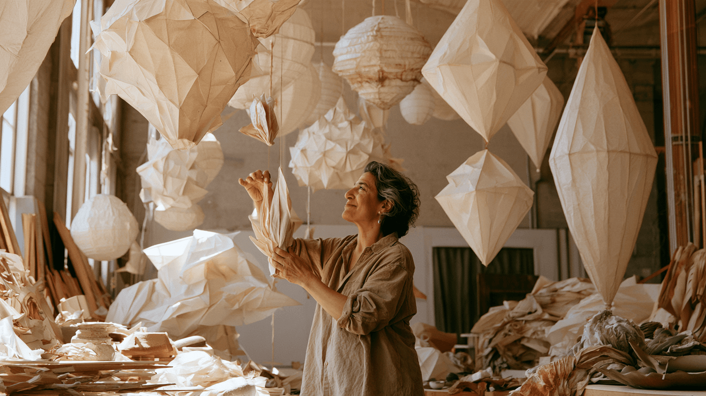 a 50 something year old woman hanging her art
