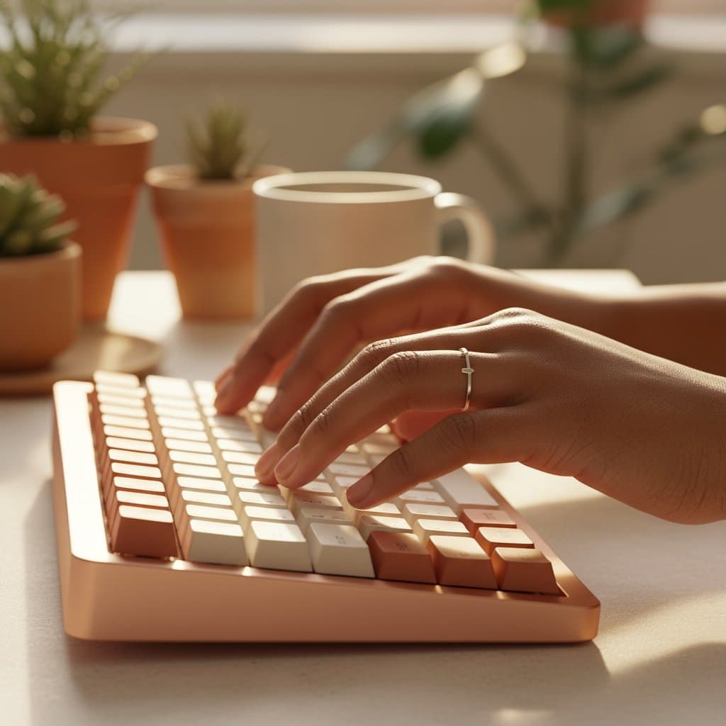 Hands typing at a warm-toned keyboard